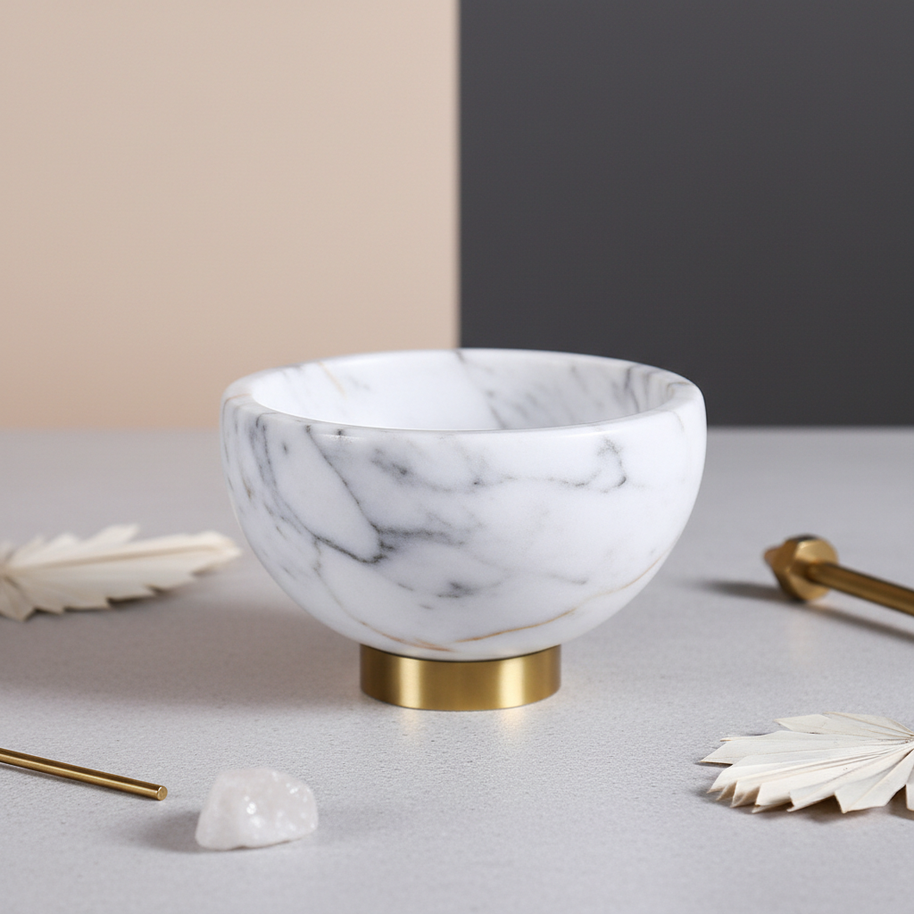 Aurora Marble Bowl – Solid Stone Dessert Bowl with Metal Base