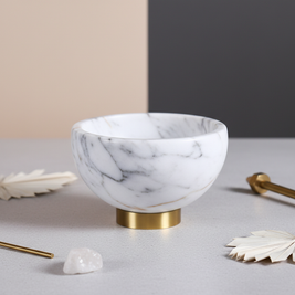 Aurora Marble Bowl – Solid Stone Dessert Bowl with Metal Base