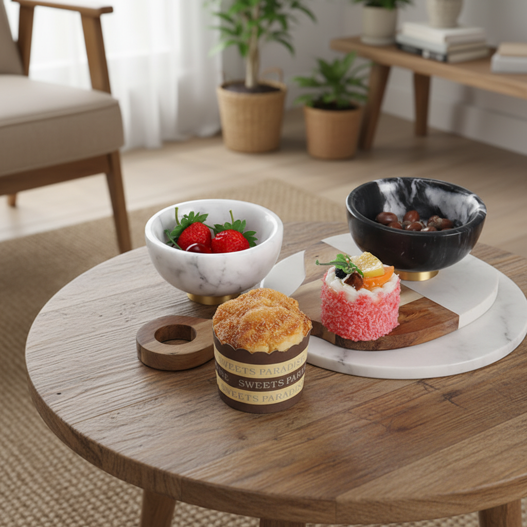 Aurora Marble Bowl – Solid Stone Dessert Bowl with Metal Base