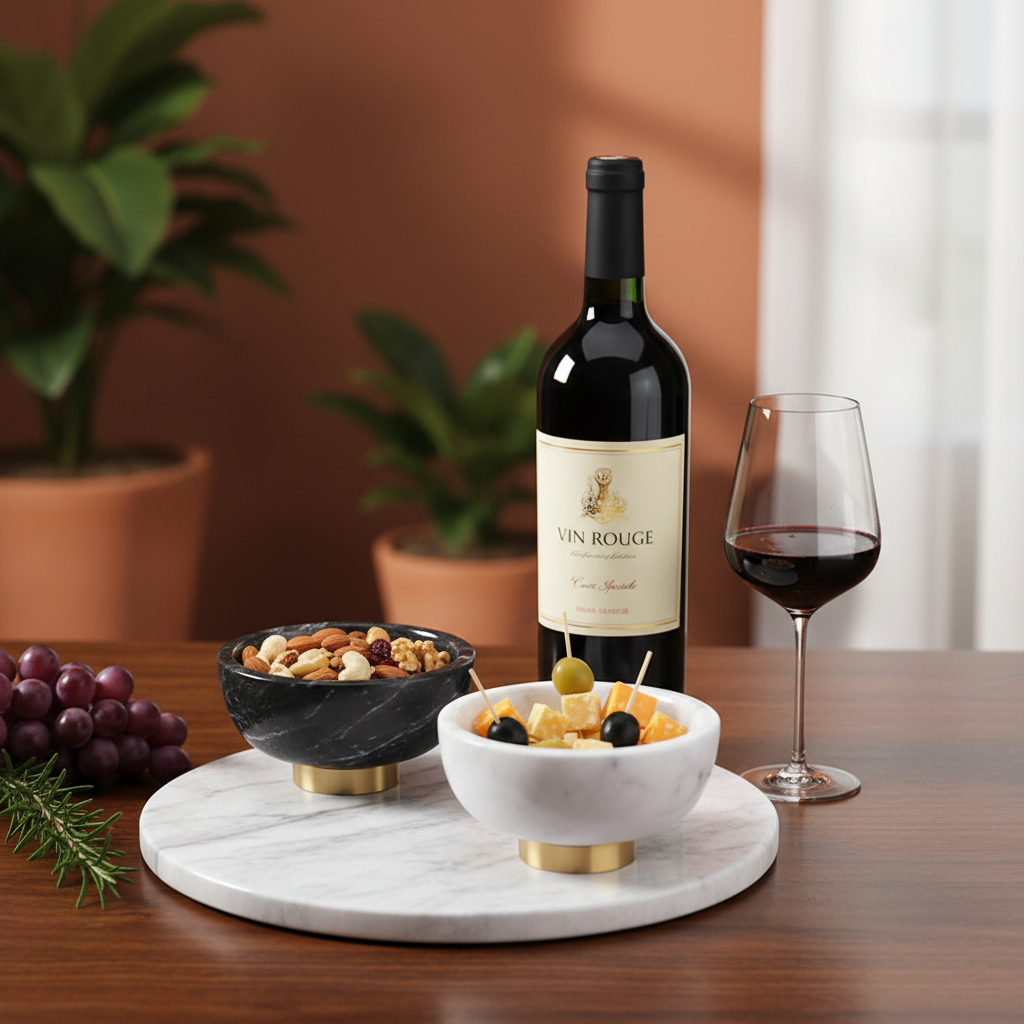 Aurora Marble Bowl – Solid Stone Dessert Bowl with Metal Base