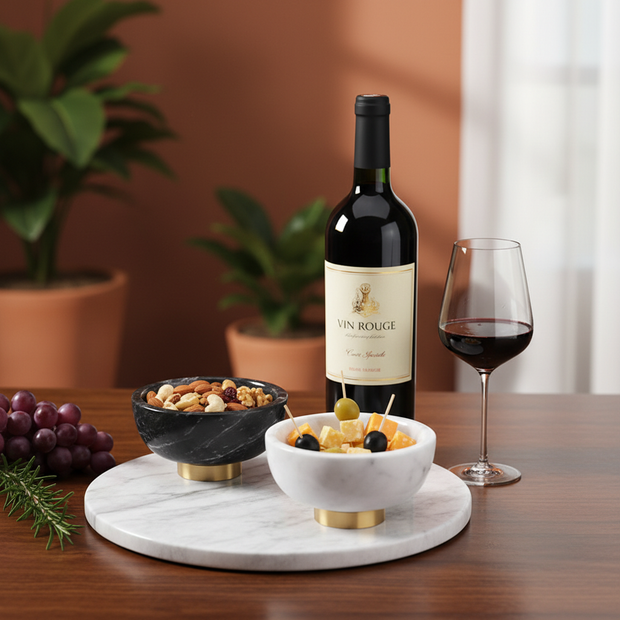 Aurora Marble Bowl – Solid Stone Dessert Bowl with Metal Base