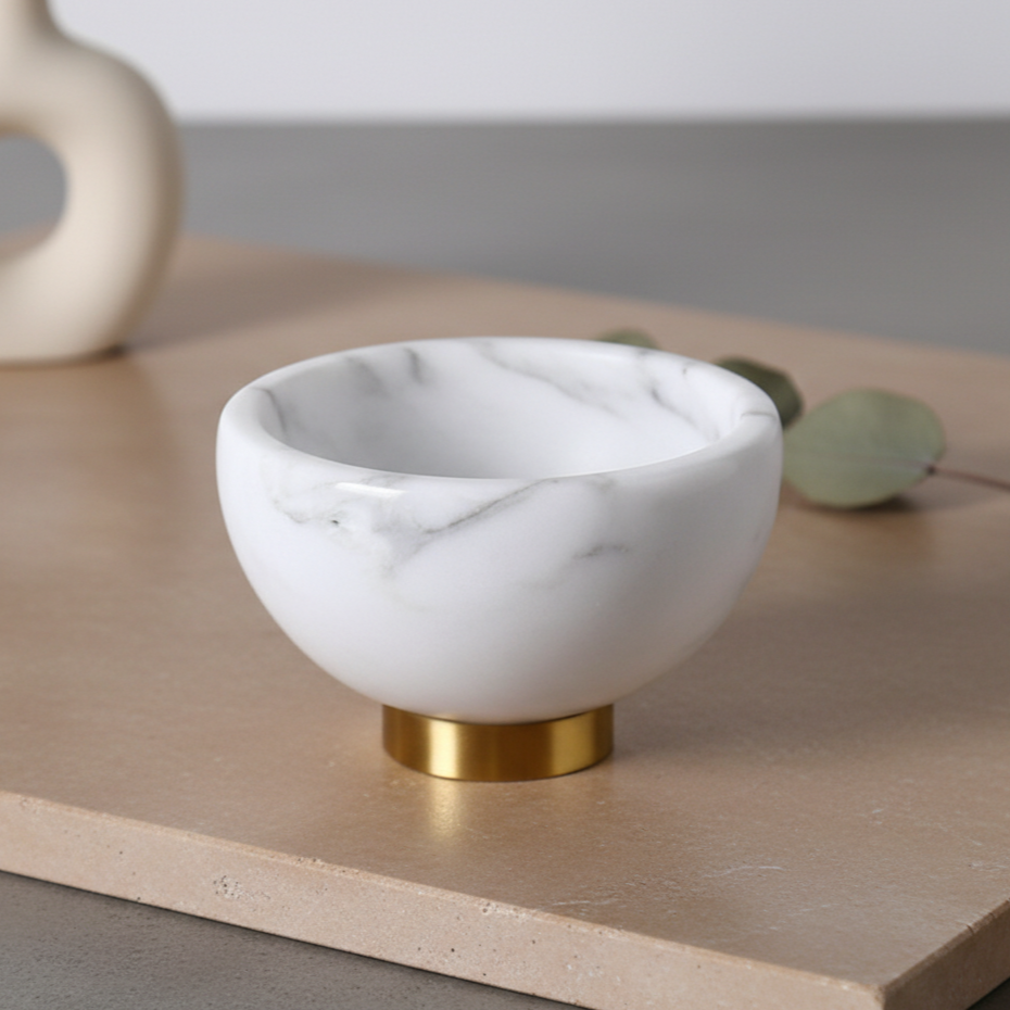 Aurora Marble Bowl – Solid Stone Dessert Bowl with Metal Base