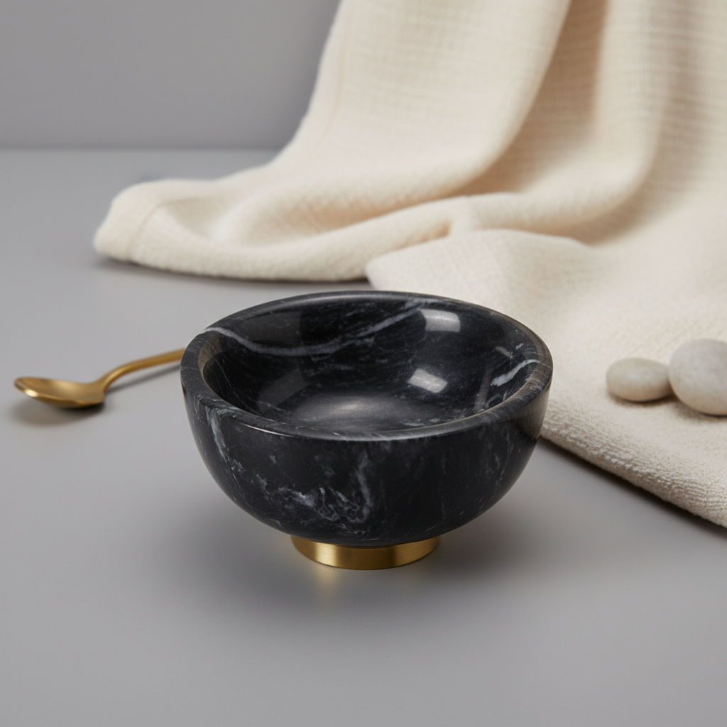 Aurora Marble Bowl – Solid Stone Dessert Bowl with Metal Base