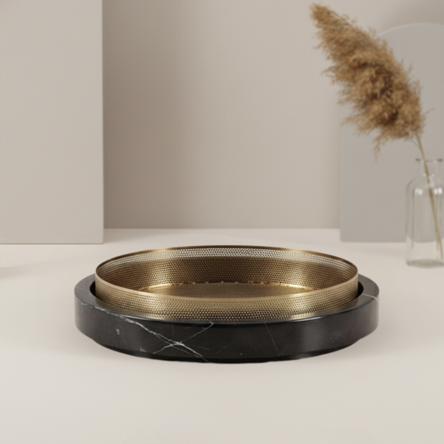 Solaro Marble Stone Planter with Metal Accent - 35 × 7 cm