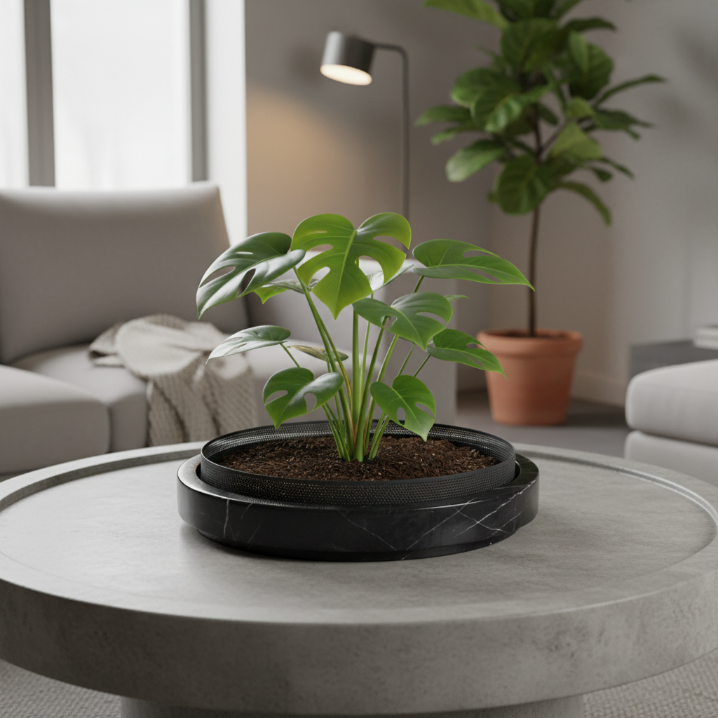 Solaro Marble Stone Planter with Metal Accent - 35 × 7 cm