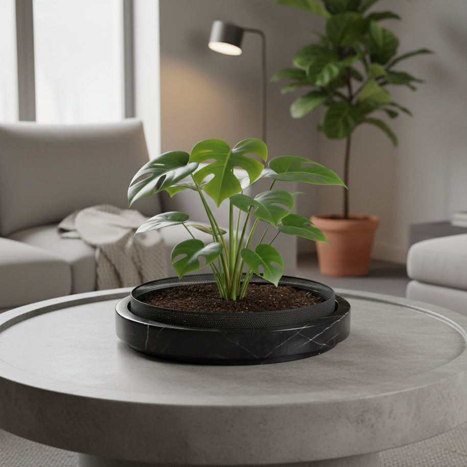 Solaro Marble Stone Planter with Metal Accent - 35 × 7 cm