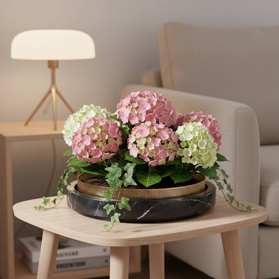 Sculpted Marble Planter with Metal Rim – 30x7 cm