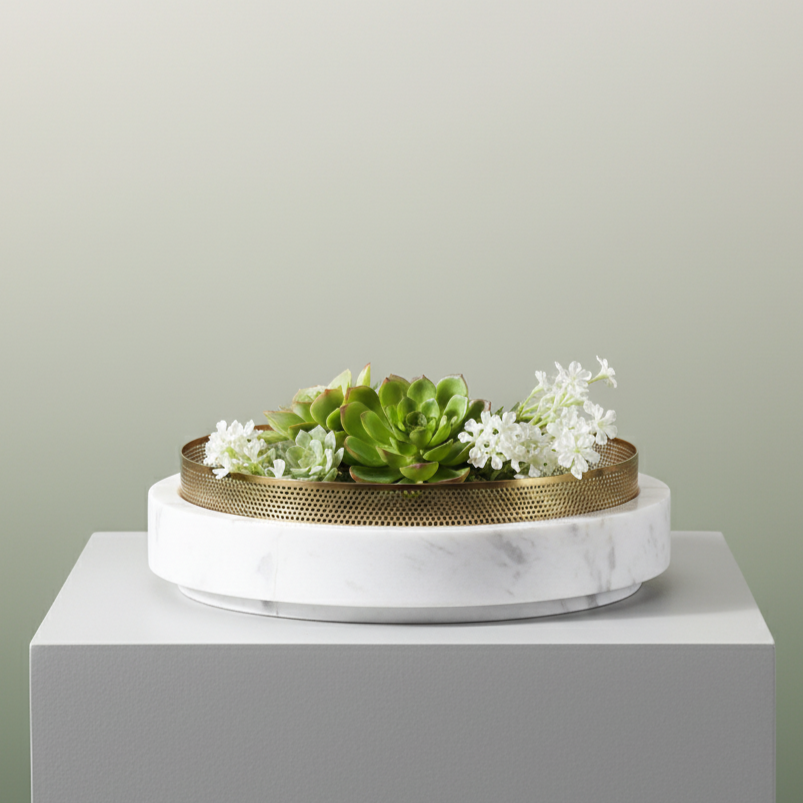 Sculpted Marble Planter with Metal Rim – 30x7 cm