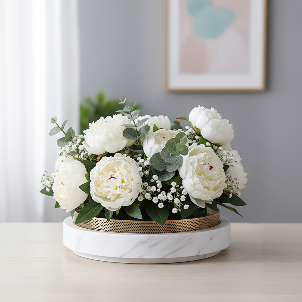 Sculpted Marble Planter with Metal Rim – 30x7 cm