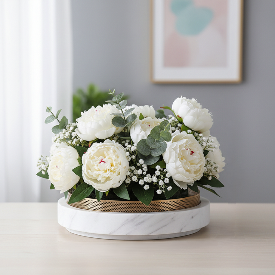 Sculpted Marble Planter with Metal Rim – 30x7 cm