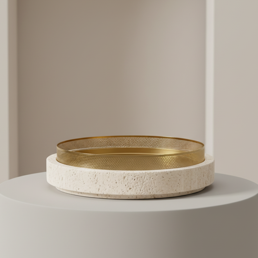 Sculpted Marble Planter with Metal Rim – 30x7 cm