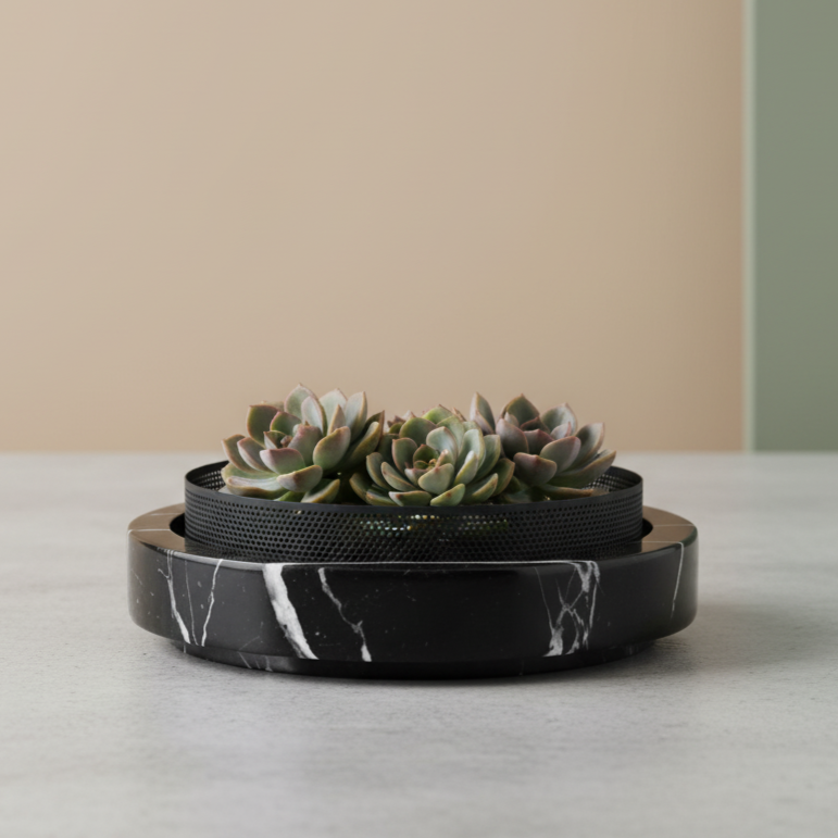 Lume Marble Stone Planter with Metal Rim – 25 x 7 cm