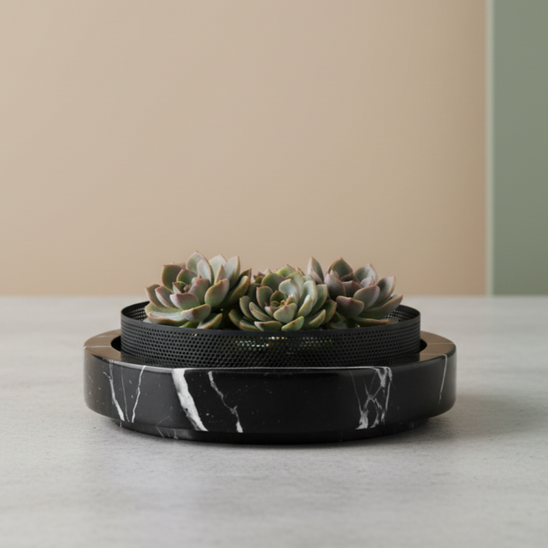 Lume Marble Stone Planter with Metal Rim – 25 x 7 cm