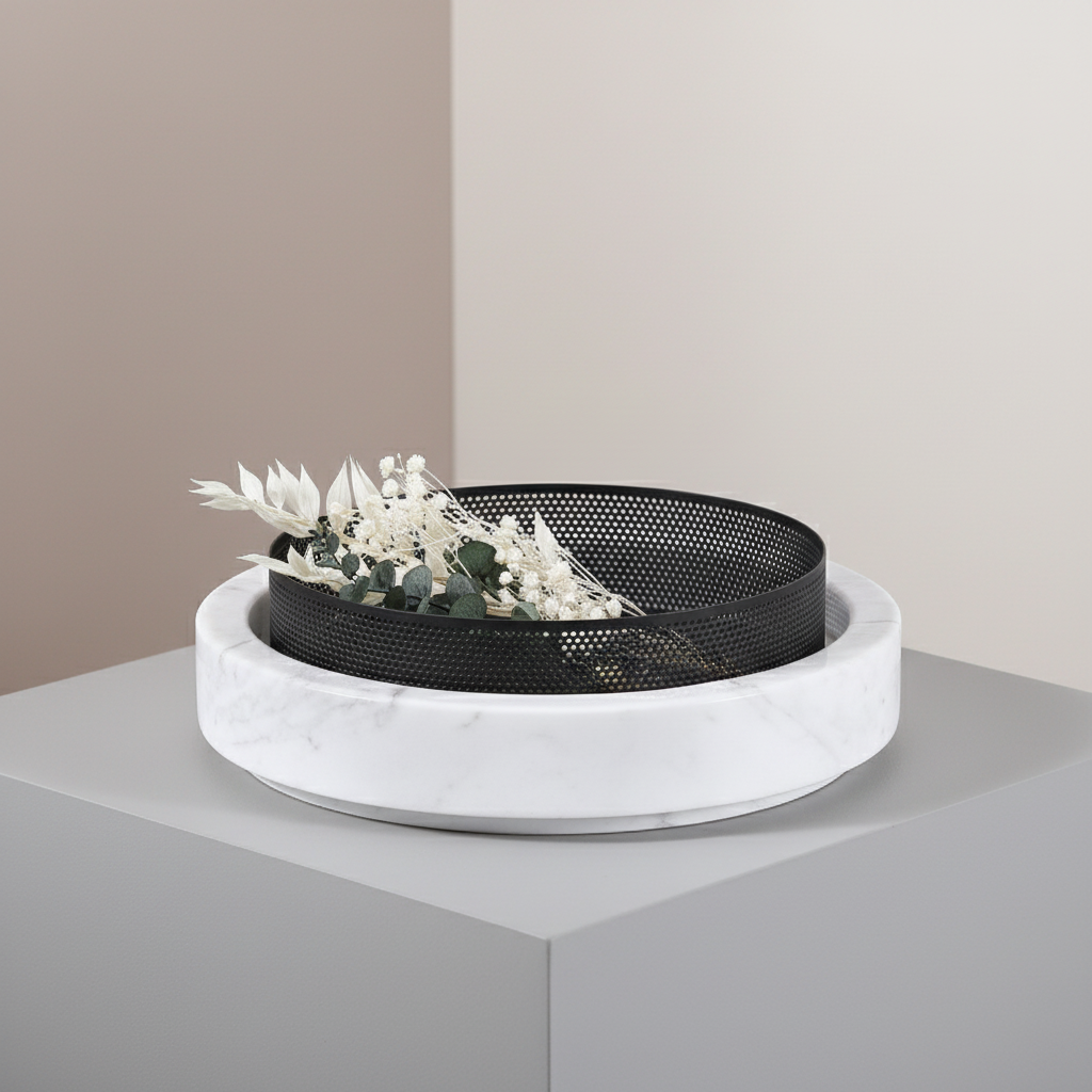 Lume Marble Stone Planter with Metal Rim – 25 x 7 cm