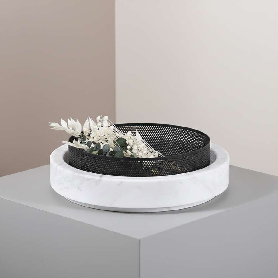 Lume Marble Stone Planter with Metal Rim – 25 x 7 cm