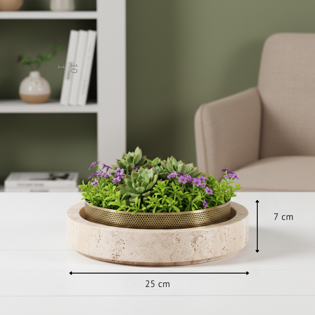 Lume Marble Stone Planter with Metal Rim – 25 x 7 cm