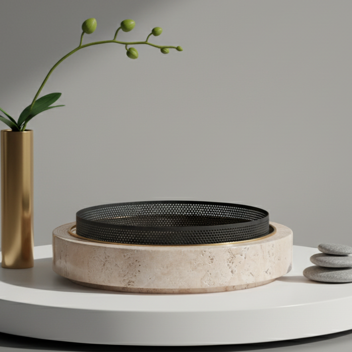 Lume Marble Stone Planter with Metal Rim – 25 x 7 cm