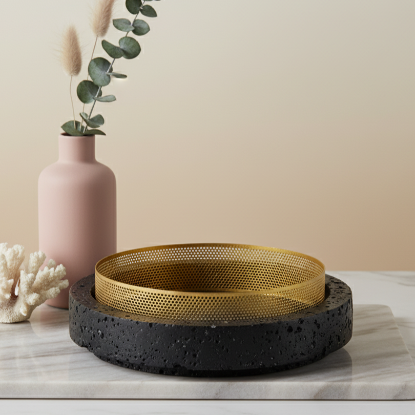 Lume Marble Stone Planter with Metal Rim – 25 x 7 cm