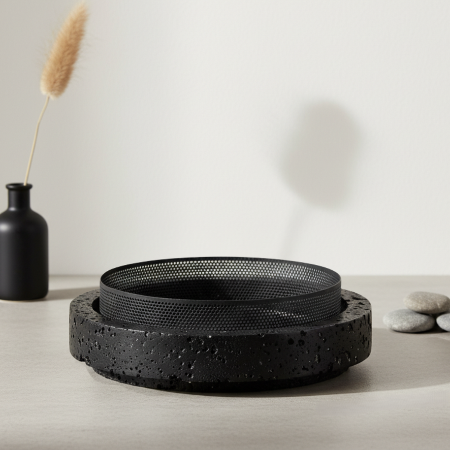 Lume Marble Stone Planter with Metal Rim – 25 x 7 cm