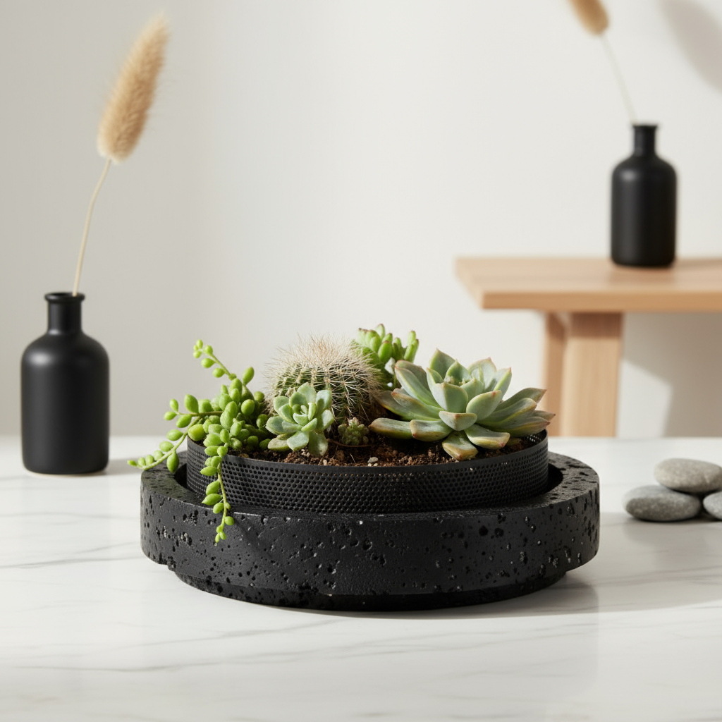Lume Marble Stone Planter with Metal Rim – 25 x 7 cm