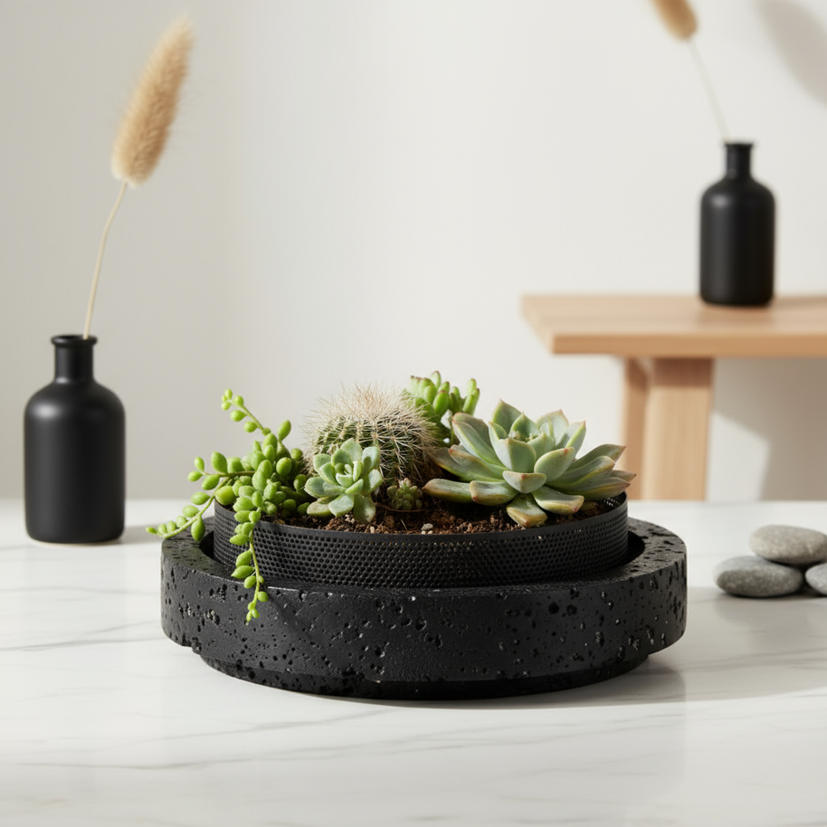 Lume Marble Stone Planter with Metal Rim – 25 x 7 cm