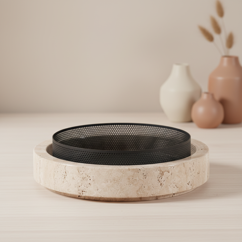 Aurore Marble Stone Planter with Metal Rim – 20x7 cm