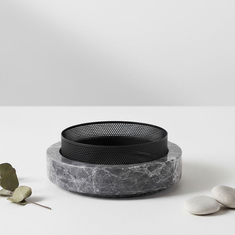 Aurore Marble Stone Planter with Metal Rim – 20x7 cm