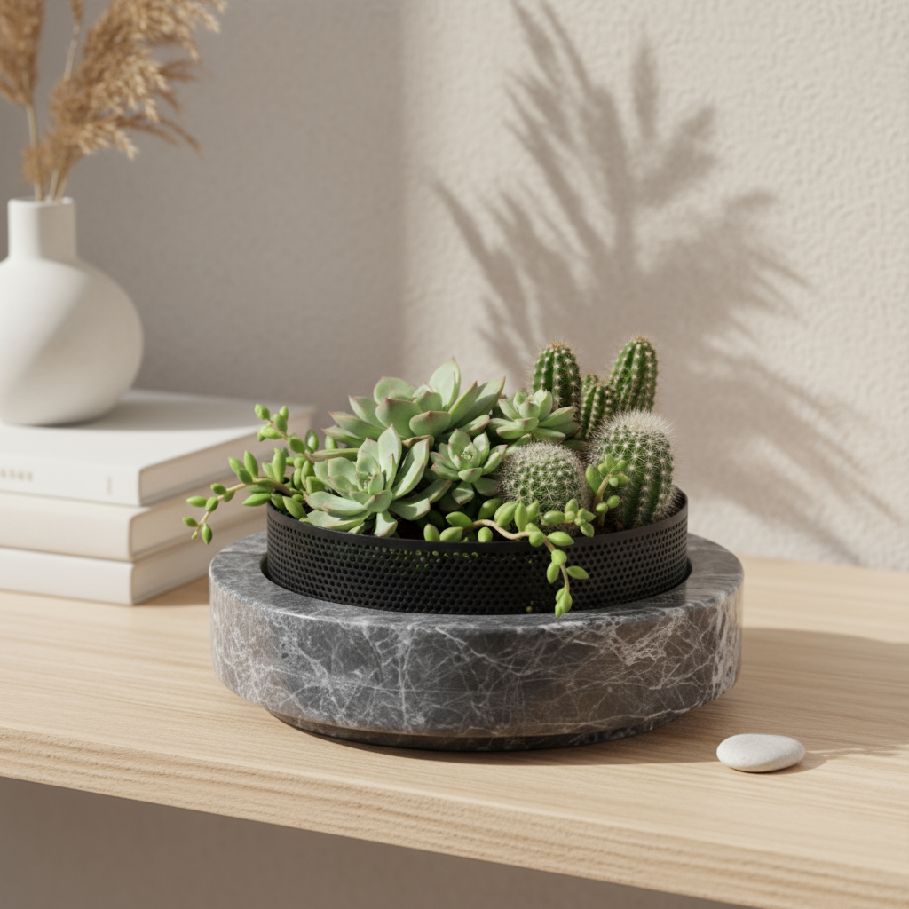 Aurore Marble Stone Planter with Metal Rim – 20x7 cm