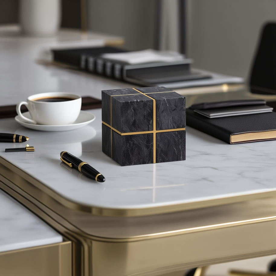 Regal Marble Cube with Brass Inlay