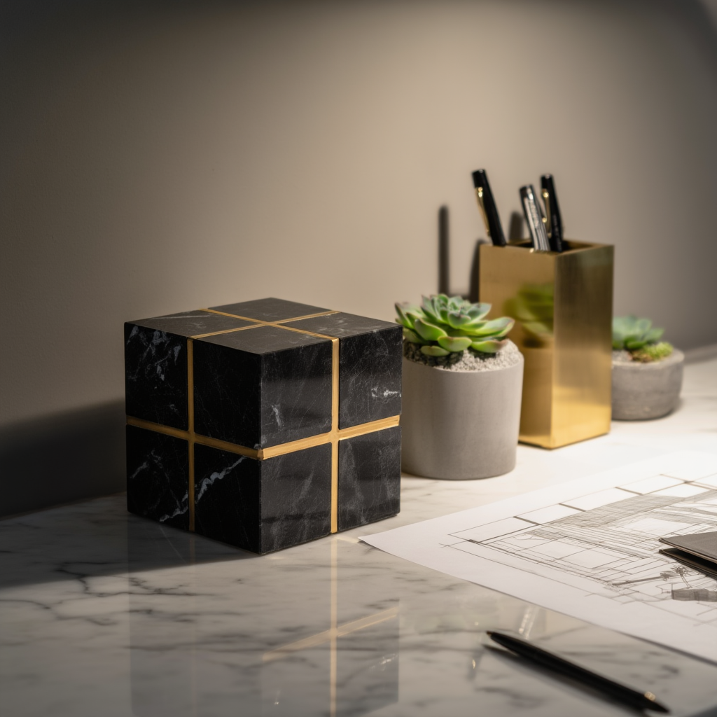 Regal Marble Cube with Brass Inlay