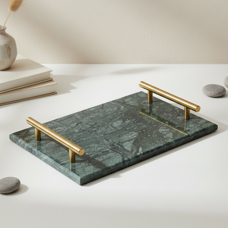 Gilded Harbor Marble Tray – Brass-Handled Stone Serving Tray