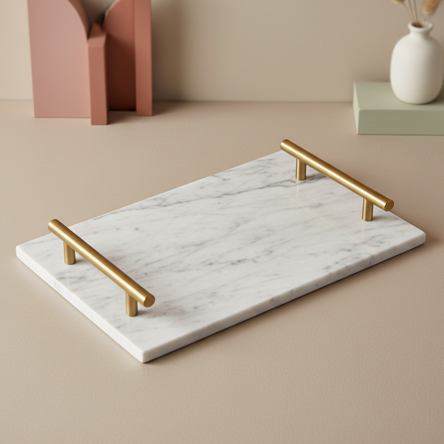 Gilded Harbor Marble Tray – Brass-Handled Stone Serving Tray