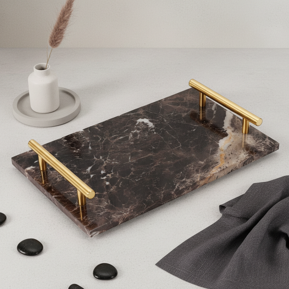 Gilded Harbor Marble Tray – Brass-Handled Stone Serving Tray