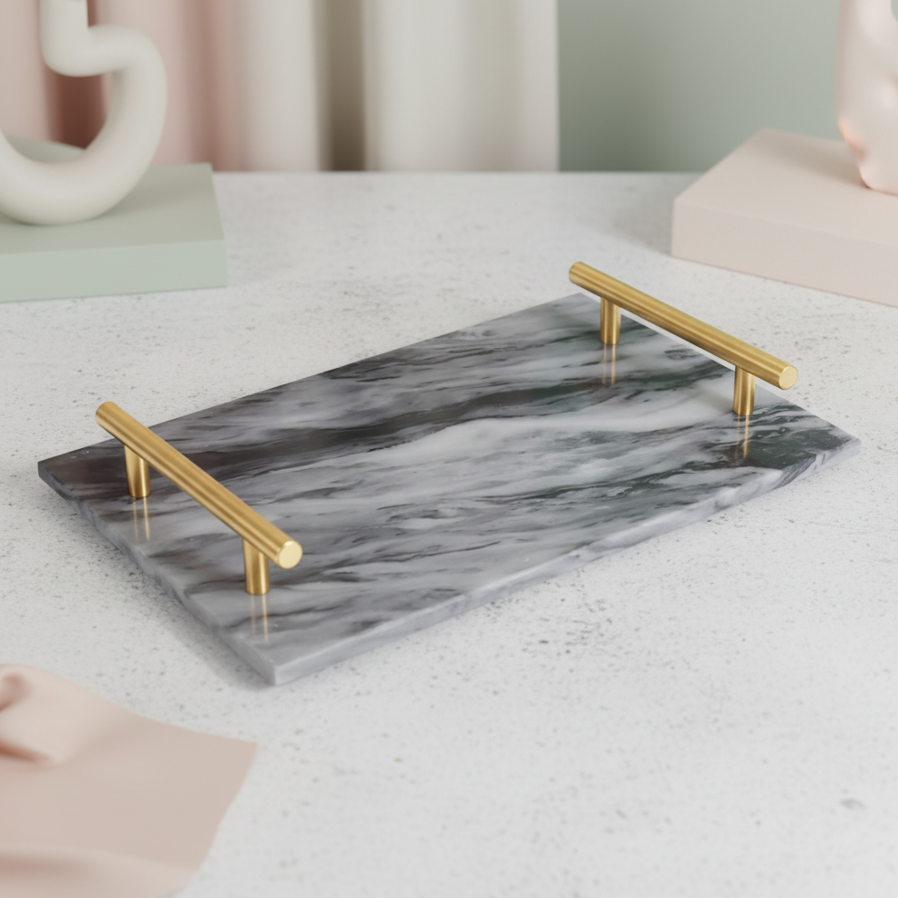 Gilded Harbor Marble Tray – Brass-Handled Stone Serving Tray