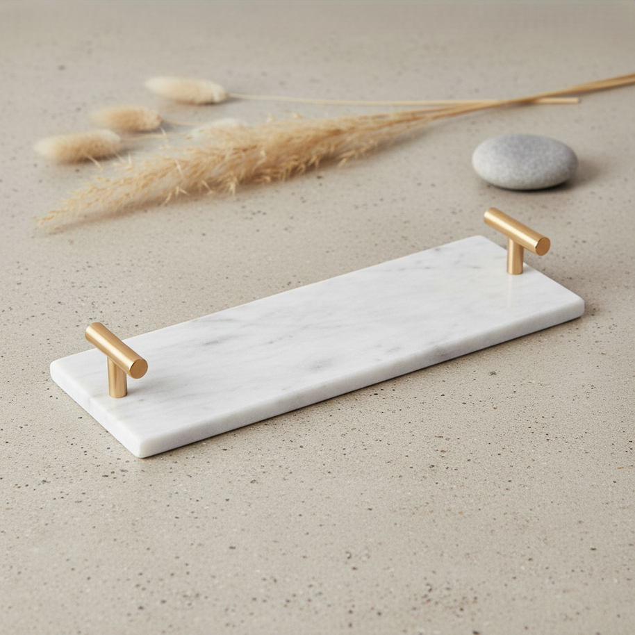 Lineage Marble Tray – Slim Stone Organizer with Metal Handles