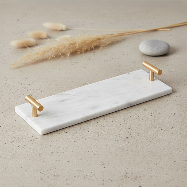 Lineage Marble Tray – Slim Stone Organizer with Metal Handles