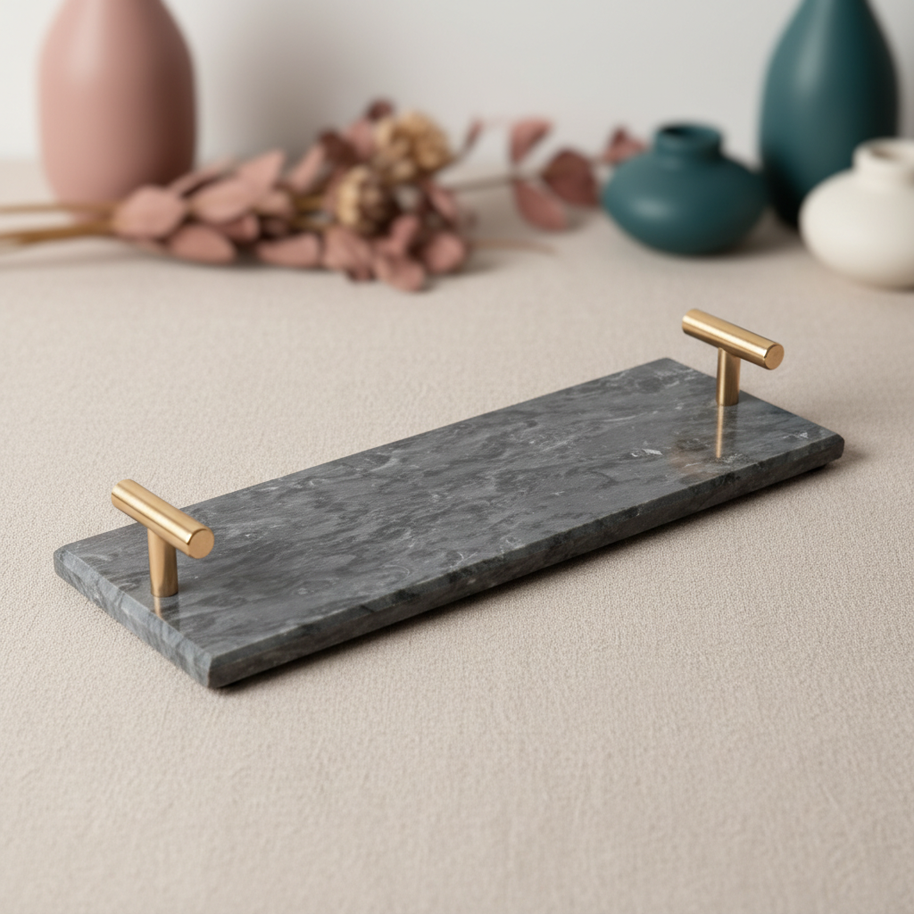 Lineage Marble Tray – Slim Stone Organizer with Metal Handles