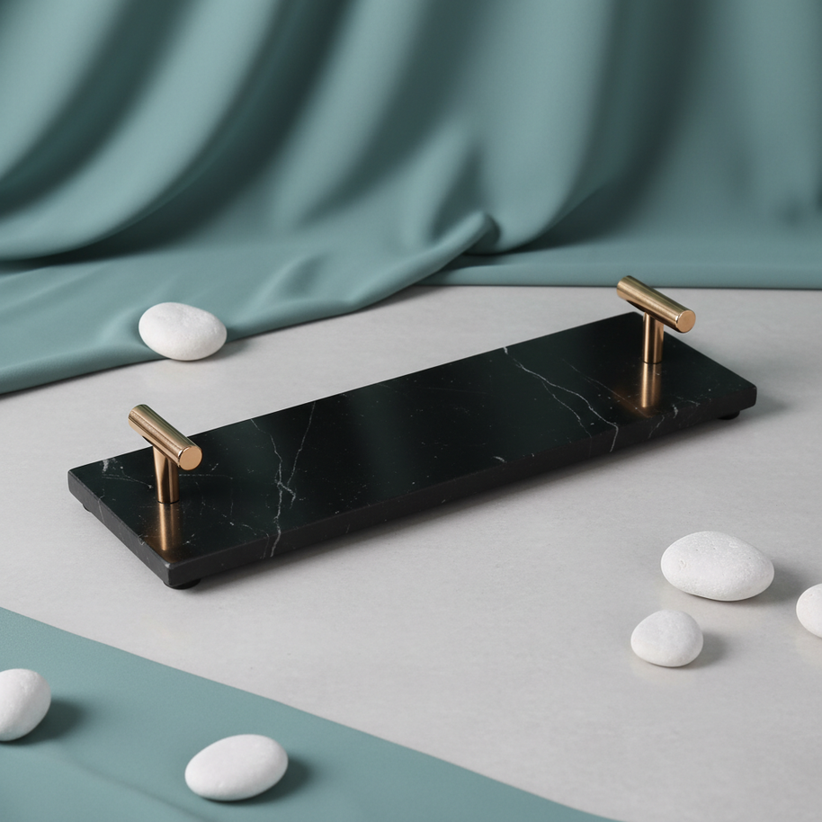 Lineage Marble Tray – Slim Stone Organizer with Metal Handles