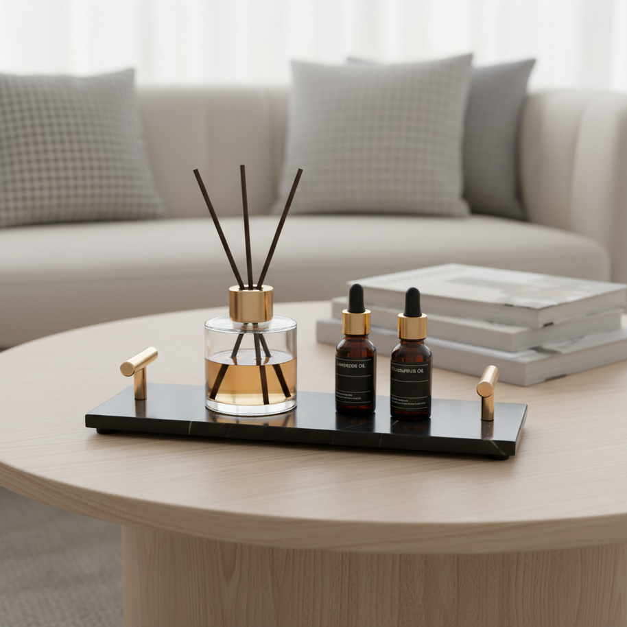 Lineage Marble Tray – Slim Stone Organizer with Metal Handles