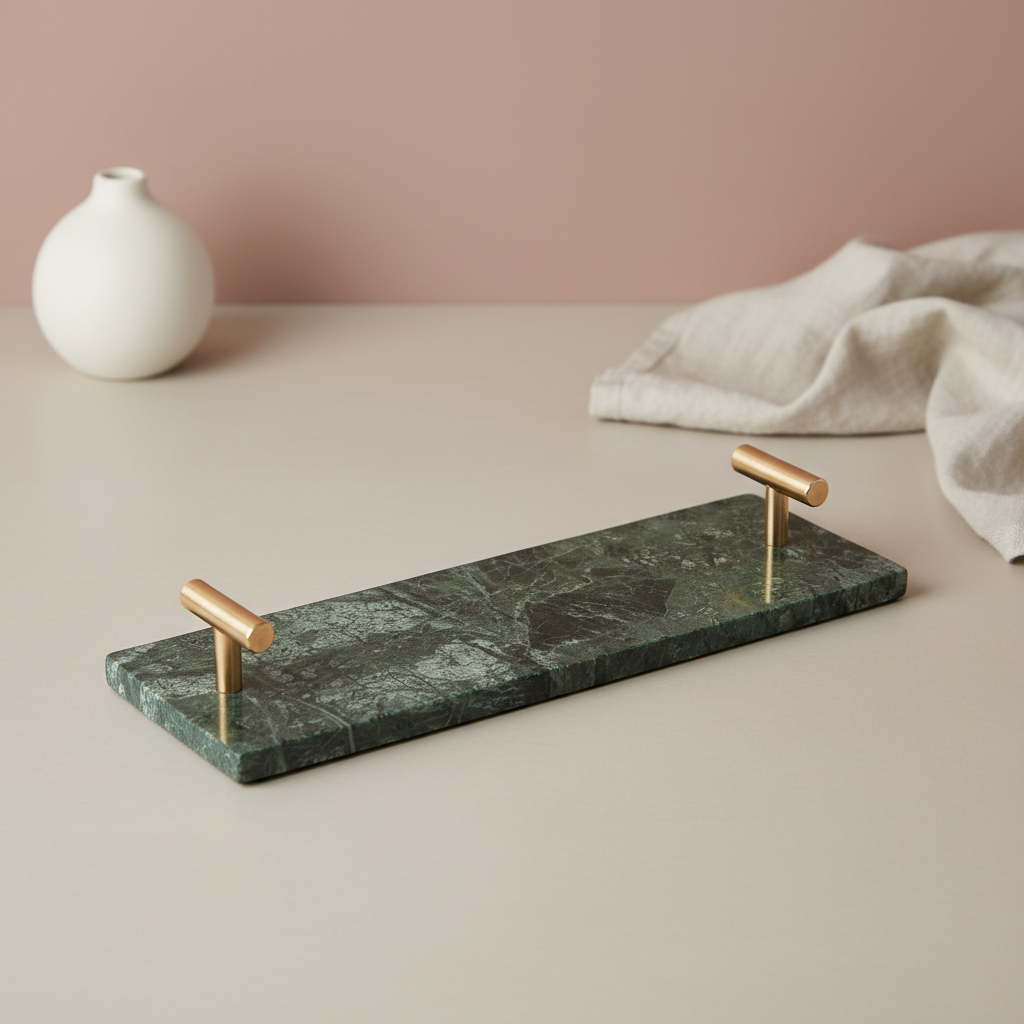 Lineage Marble Tray – Slim Stone Organizer with Metal Handles