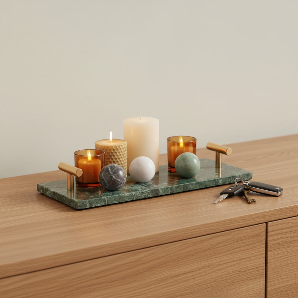 Lineage Marble Tray – Slim Stone Organizer with Metal Handles