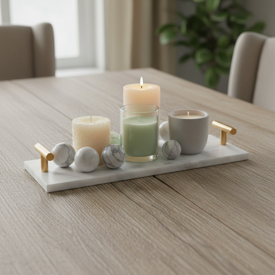 Lineage Marble Tray – Slim Stone Organizer with Metal Handles