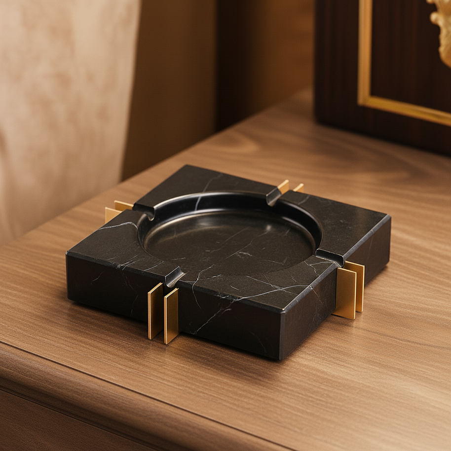 Modern Luxe Square Marble Ashtray – Solid Stone with Brass Accents (2kg)