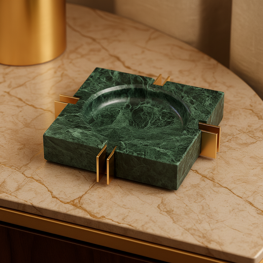 Modern Luxe Square Marble Ashtray – Solid Stone with Brass Accents (2kg)