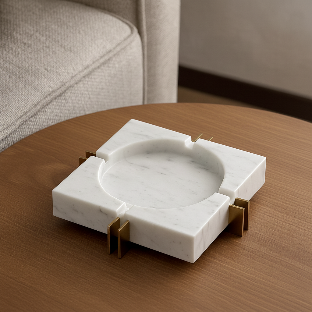 Modern Luxe Square Marble Ashtray – Solid Stone with Brass Accents (2kg)