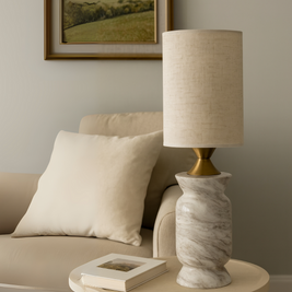 Serena Marble Table Lamp – Solid Stone Base with Linen Shade