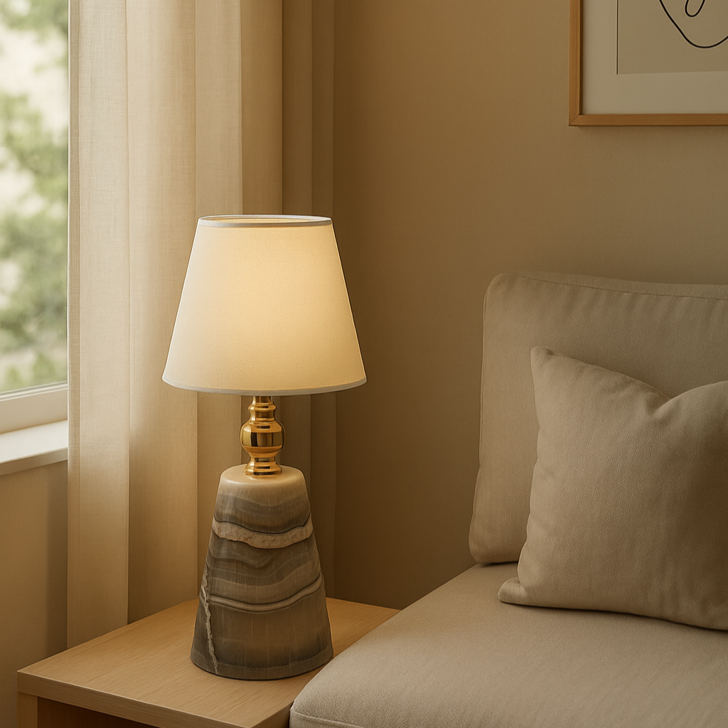 Celeste Marble Table Lamp – Solid Stone with Fabric Shade