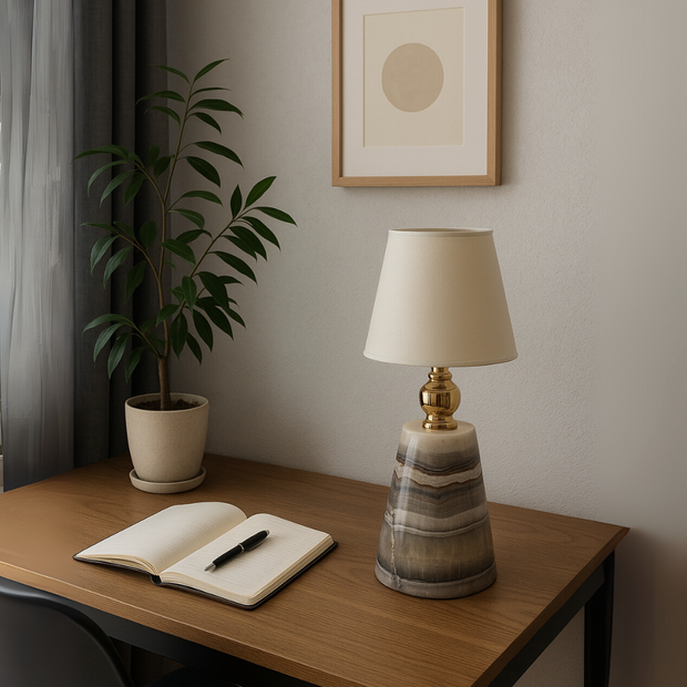 Celeste Marble Table Lamp – Solid Stone with Fabric Shade