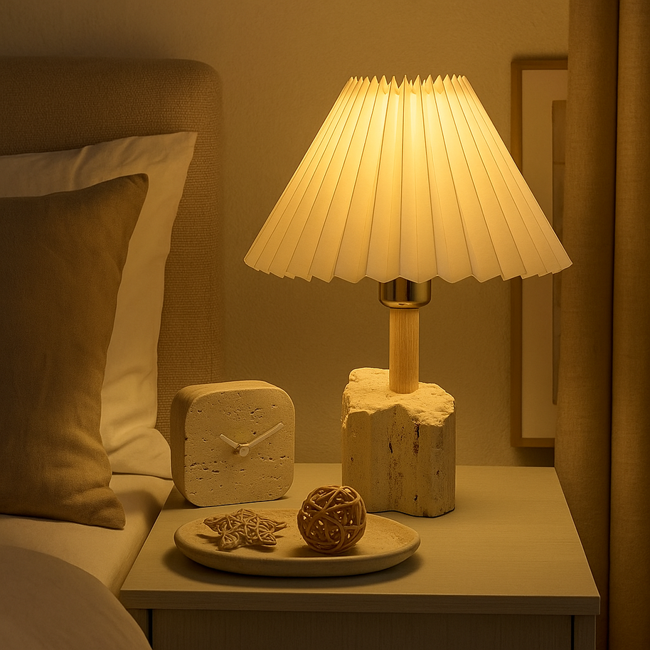 Valora Travertine Table Lamp – Solid Stone Base with Pleated Shade