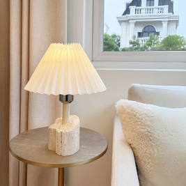 Valora Travertine Table Lamp – Solid Stone Base with Pleated Shade